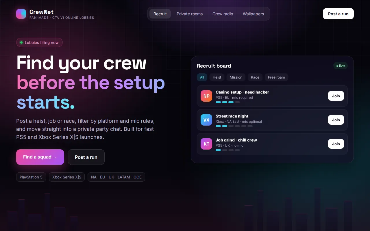 CrewNet 2026 refresh concept with live recruit board