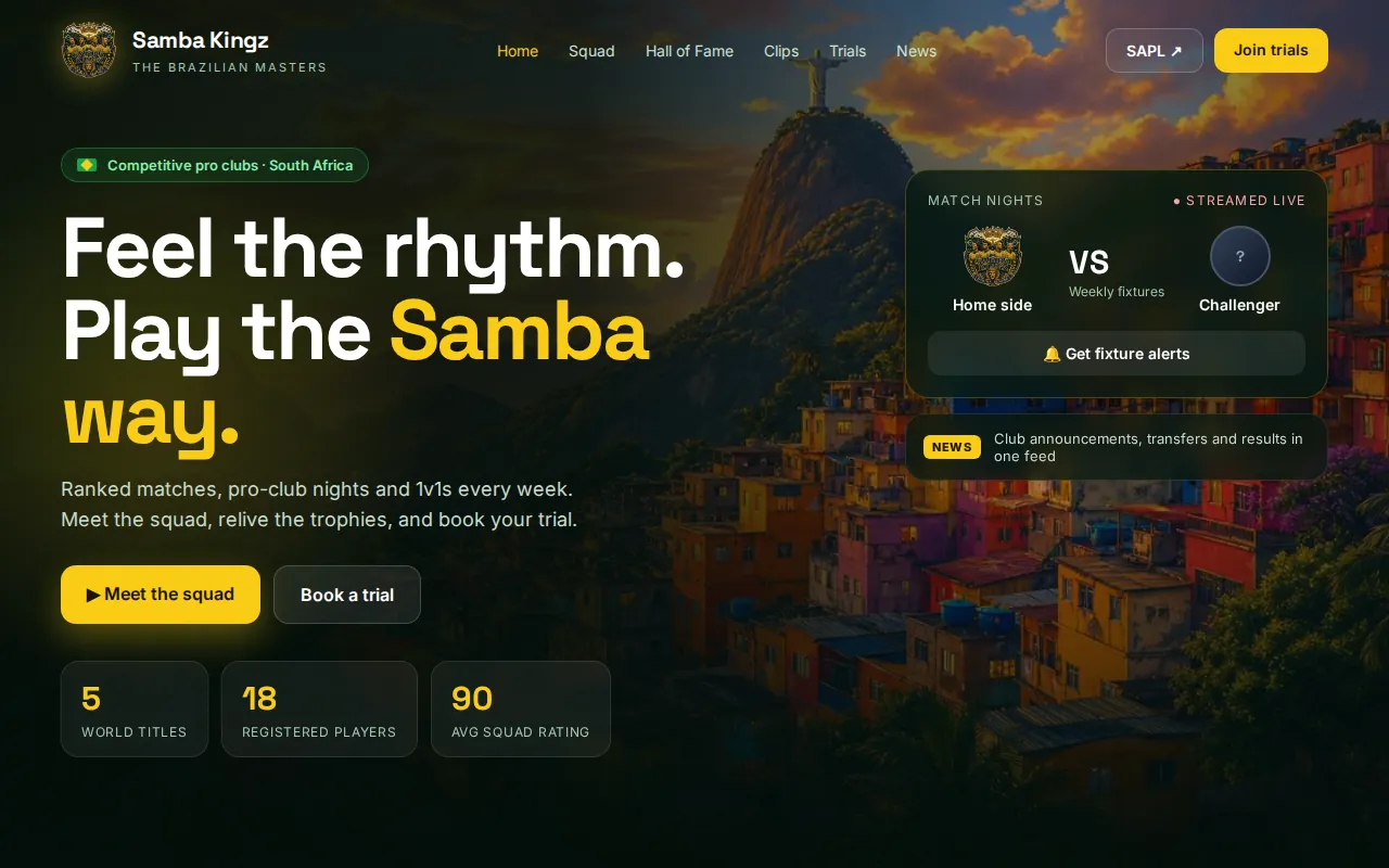 Samba Kingz 2026 refresh concept: split hero with crest, stats cards and next-matchday panel