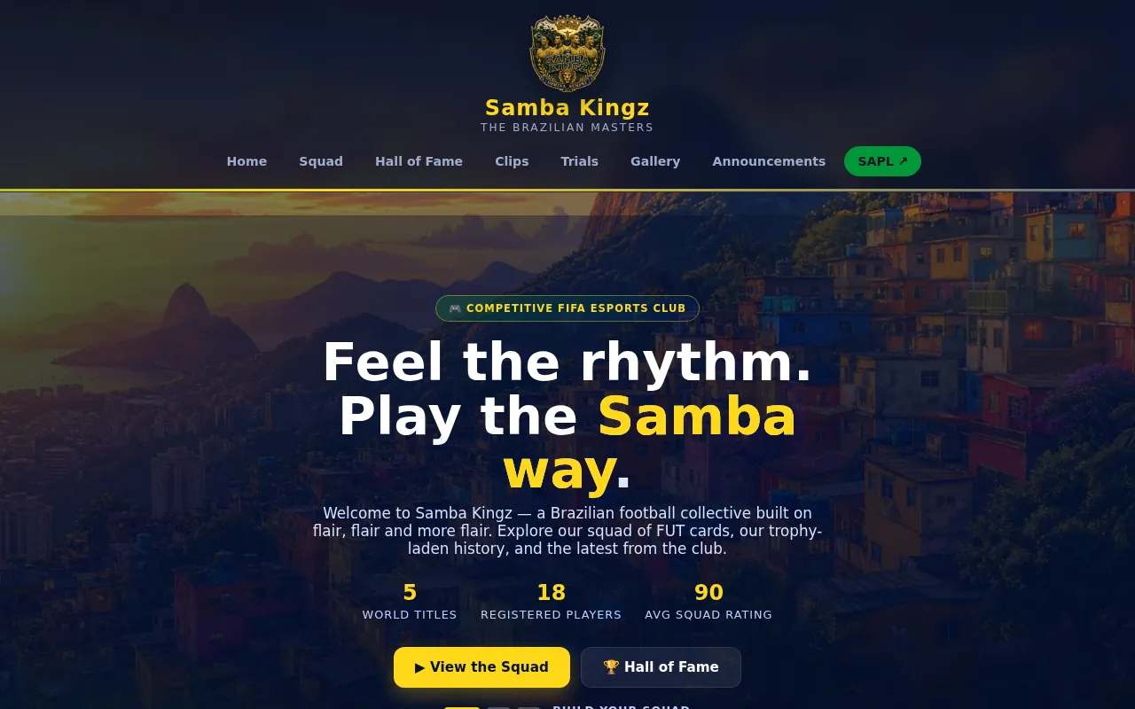 Samba Kingz live build: centred hero over a Rio favela backdrop